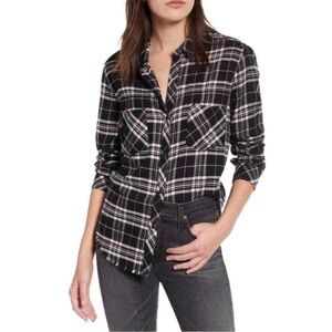Rails Button Up Top Leo Frayed Plaid Shirt in Onyx Peach Sz L EUC